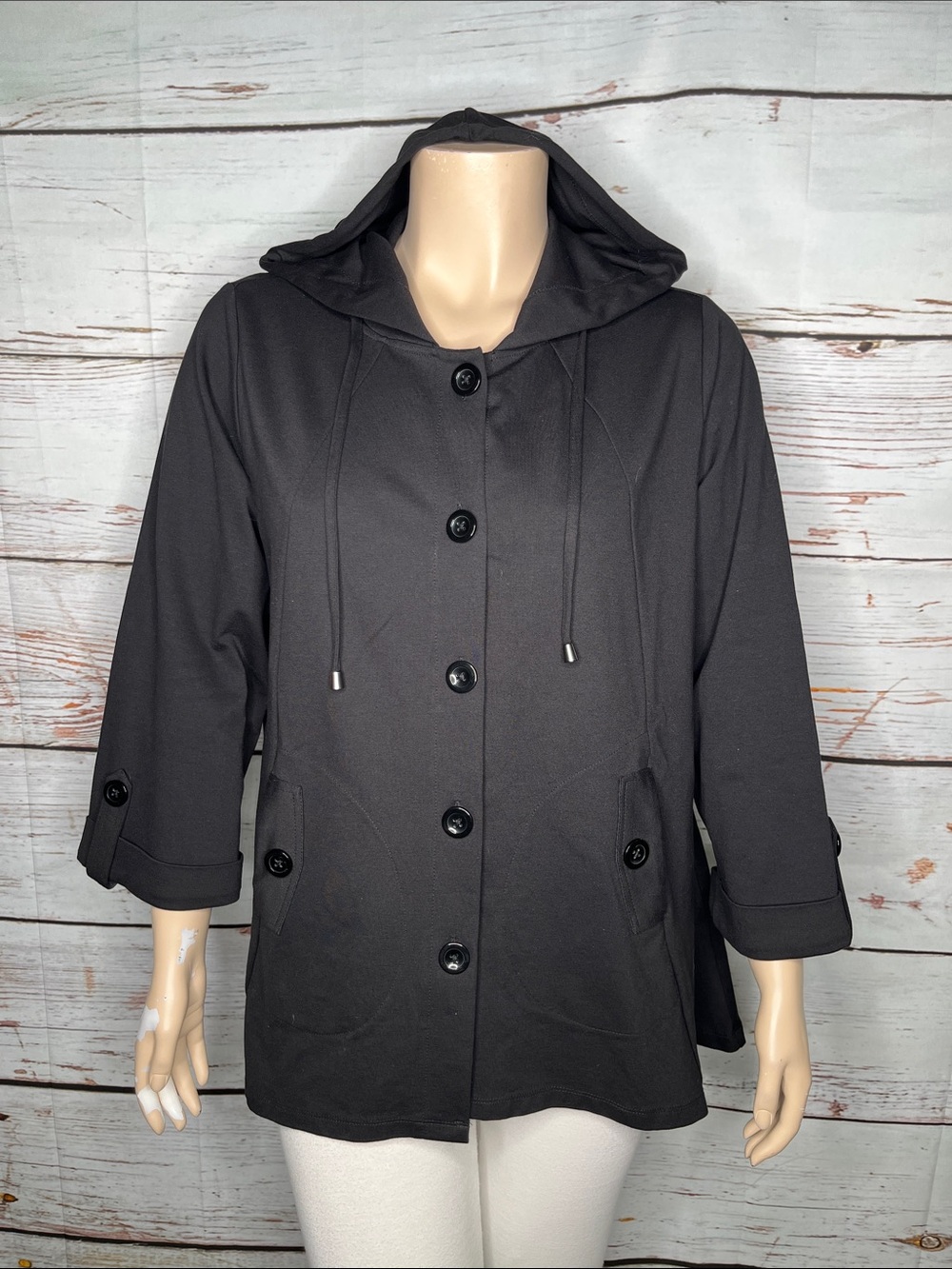 Christian Siriano New York Size 1X Black Hooded Button Front Rayon Knit Jacket